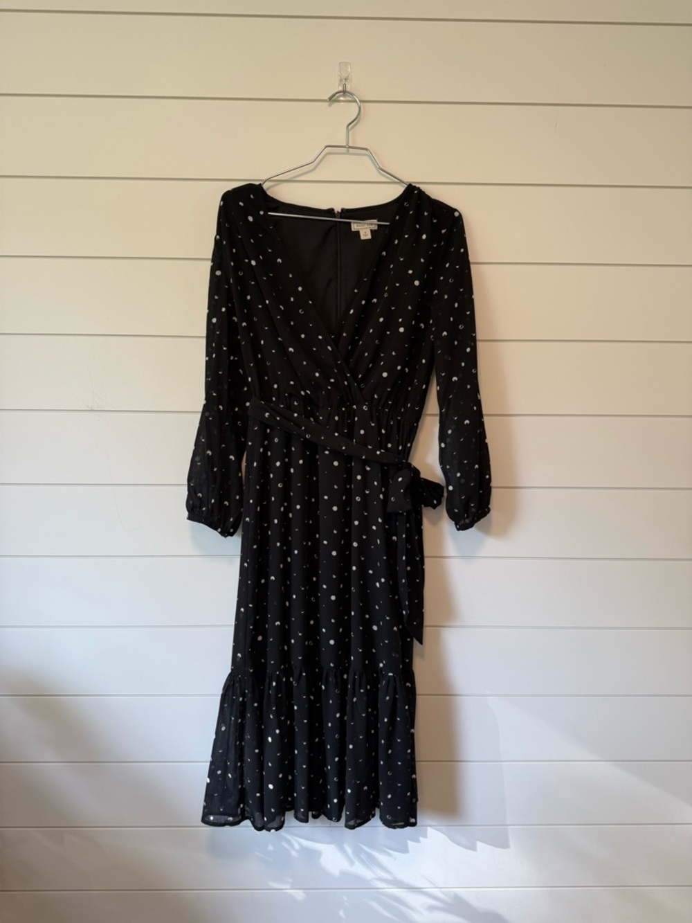 Jcrew Point Sur Black Wrap Dress Long Sleeve Polka Dot Midi Size 4